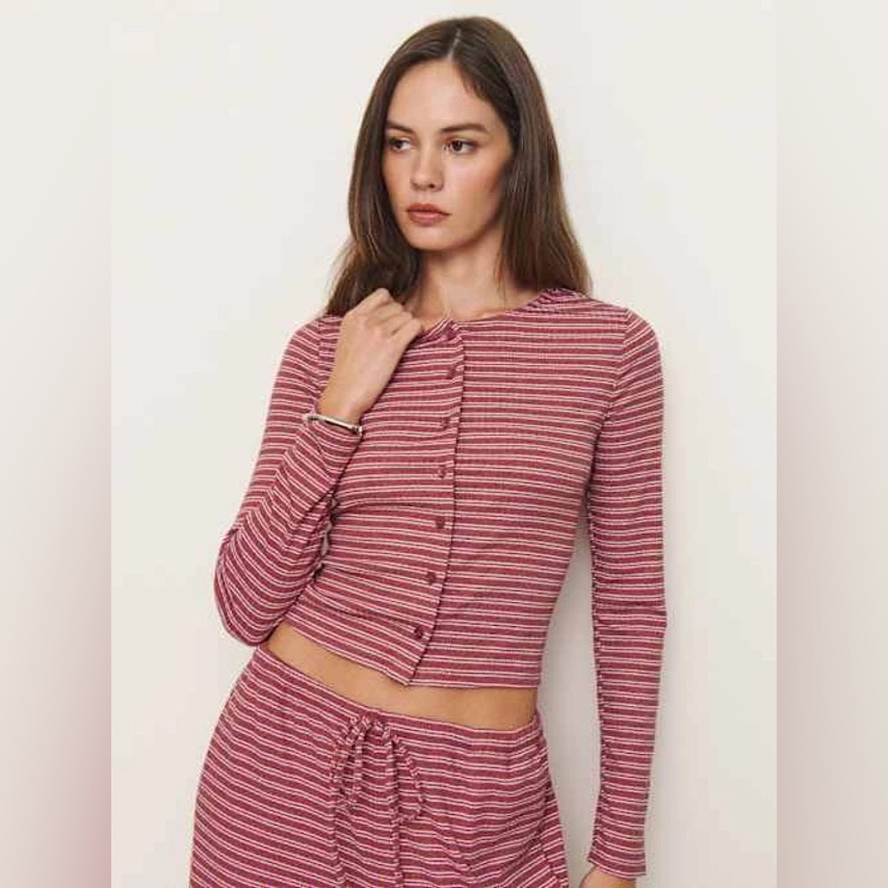 Reformation Ari Pointelle Knit Cardigan Red and White Stripes size Medium NWT